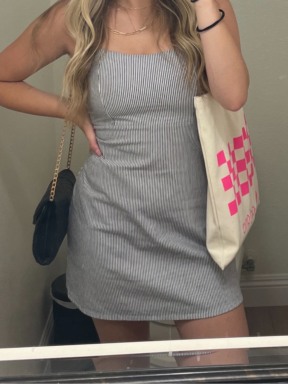 Brandy Melville Black/Gray and White Pinstripe Square-Neck Mini Dress